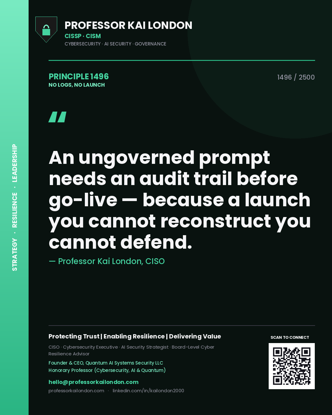 Professor Kai London principle 1496: An ungoverned prompt needs an audit trail before go-live — because a launch you cannot reconstruct you cannot defend.