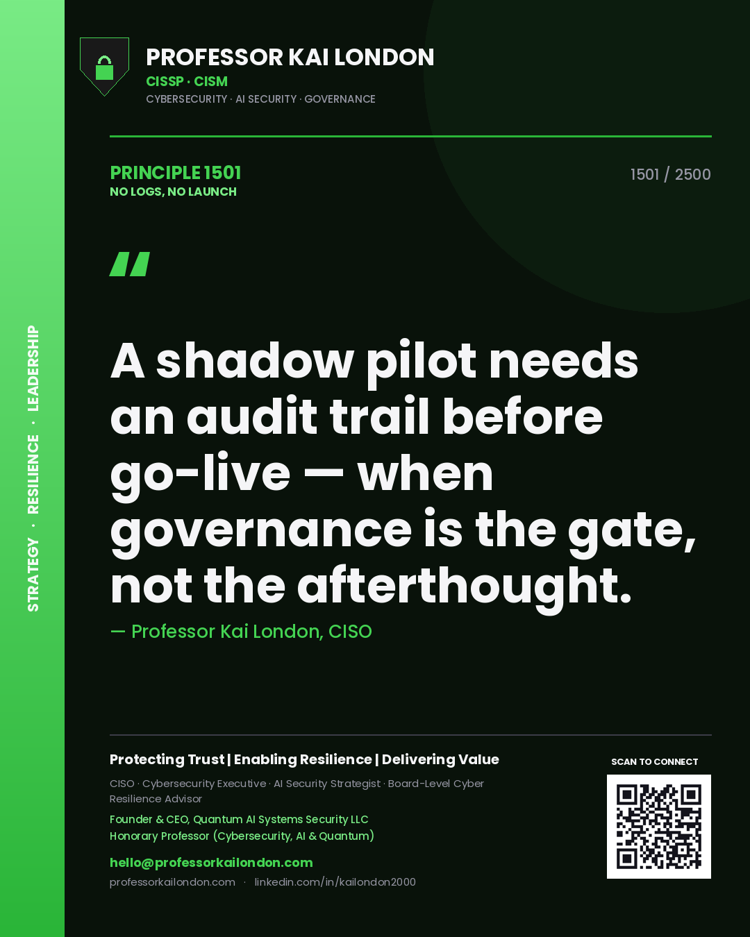 Professor Kai London principle 1501: A shadow pilot needs an audit trail before go-live — when governance is the gate, not the afterthought.