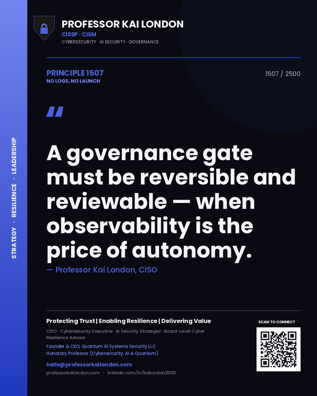 Professor Kai London principle 1507: A governance gate must be reversible and reviewable — when observability is the price of autonomy.