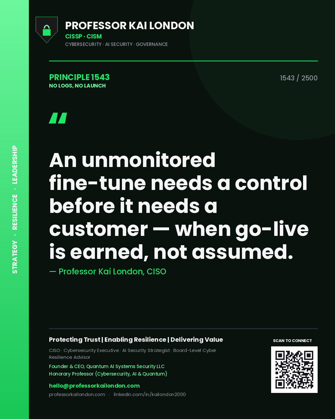 Quote card by Professor Kai London reading 'An unmonitored fine-tune needs a control before it needs a customer — when go-live is earned, not assumed.'. From the book No Logs, No Launch.