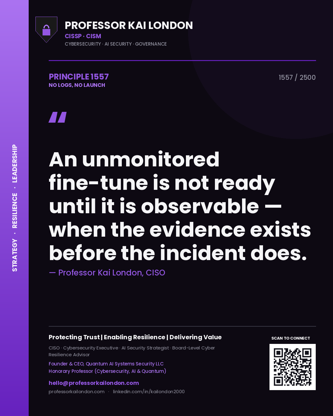 Quote card by Professor Kai London reading 'An unmonitored fine-tune is not ready until it is observable — when the evidence exists before the incident does.'. From the book No Logs, No Launch.