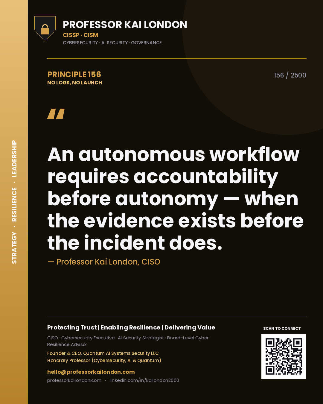 Quote card by Professor Kai London reading 'An autonomous workflow requires accountability before autonomy — when the evidence exists before the incident does.'. From the book No Logs, No Launch.