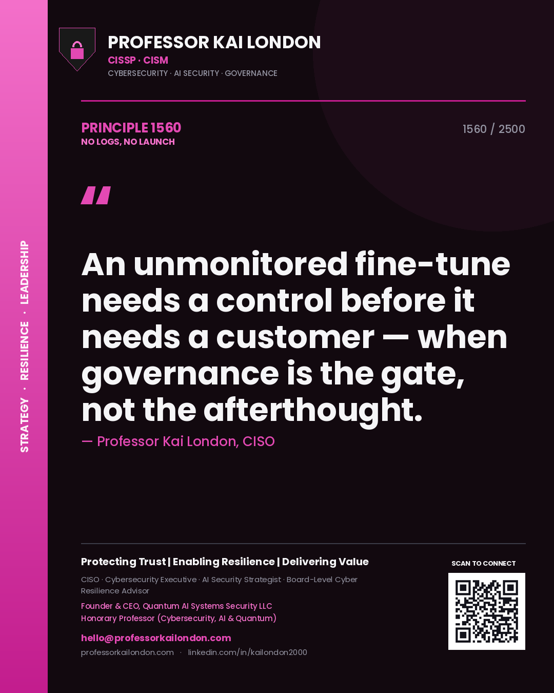 Professor Kai London principle 1560: An unmonitored fine-tune needs a control before it needs a customer — when governance is the gate, not the afterthought.