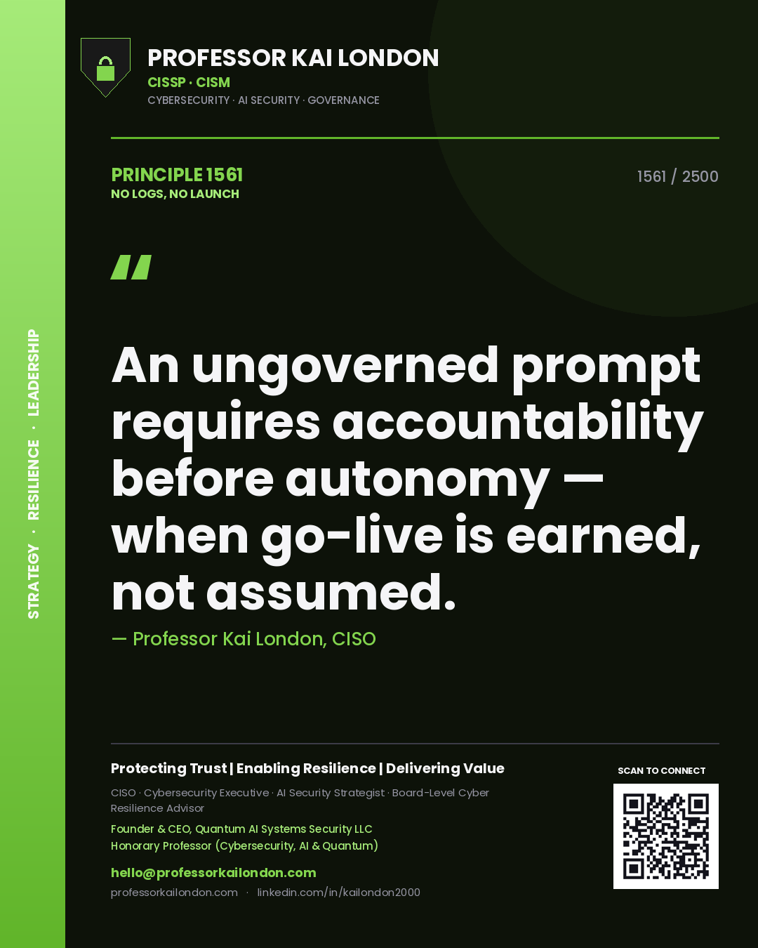 Quote card by Professor Kai London reading 'An ungoverned prompt requires accountability before autonomy — when go-live is earned, not assumed.'. From the book No Logs, No Launch.