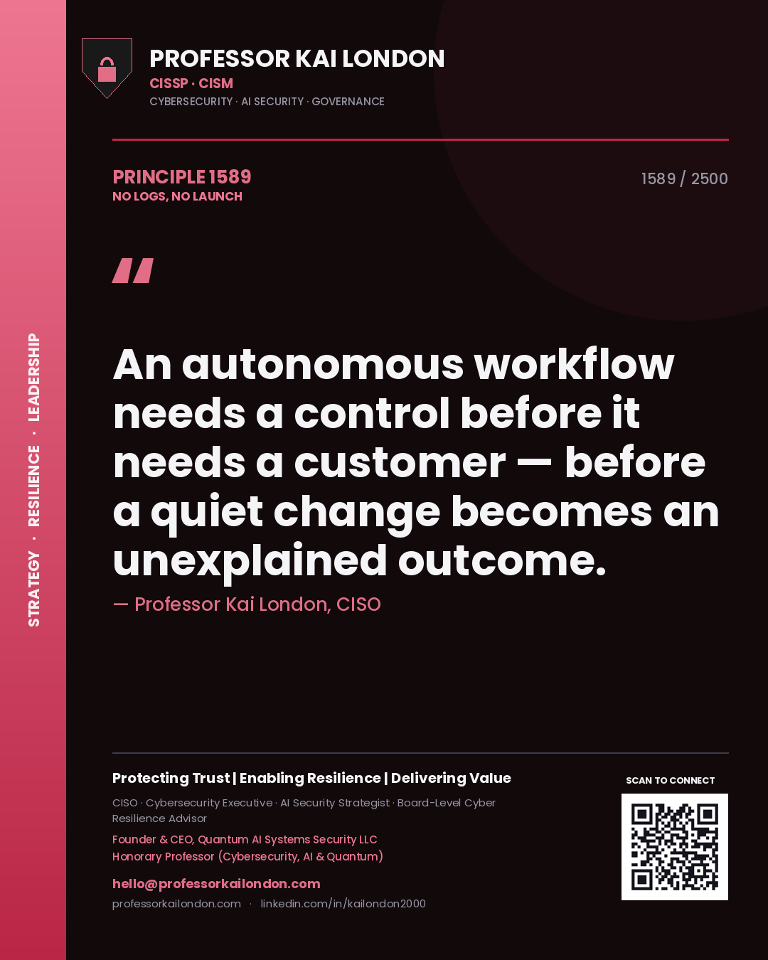 Professor Kai London principle 1589: An autonomous workflow needs a control before it needs a customer — before a quiet change becomes an unexplained outcome.