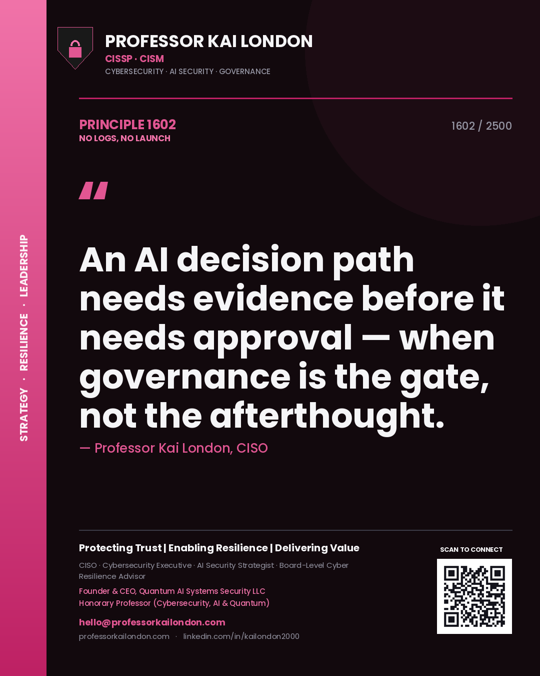 Quote card by Professor Kai London reading 'An AI decision path needs evidence before it needs approval — when governance is the gate, not the afterthought.'. From the book No Logs, No Launch.