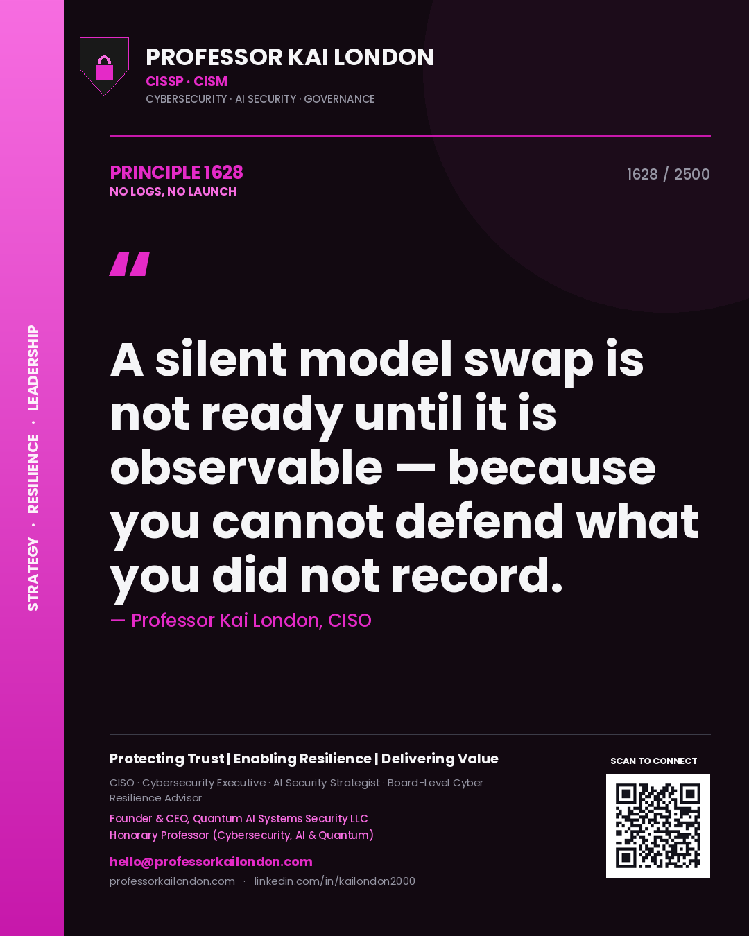 Professor Kai London principle 1628: A silent model swap is not ready until it is observable — because you cannot defend what you did not record.