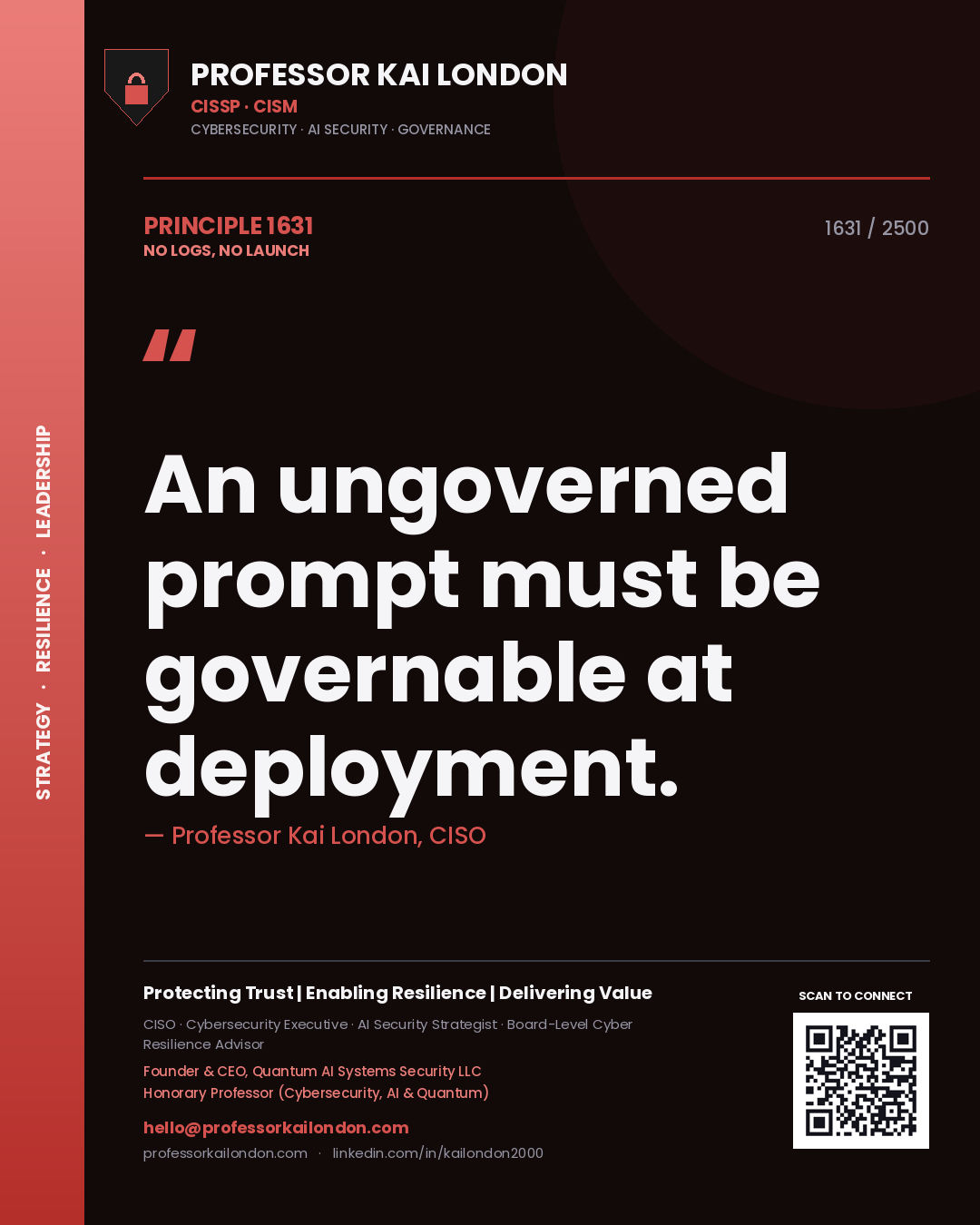 Quote card by Professor Kai London reading 'An ungoverned prompt must be governable at deployment.'. From the book No Logs, No Launch.