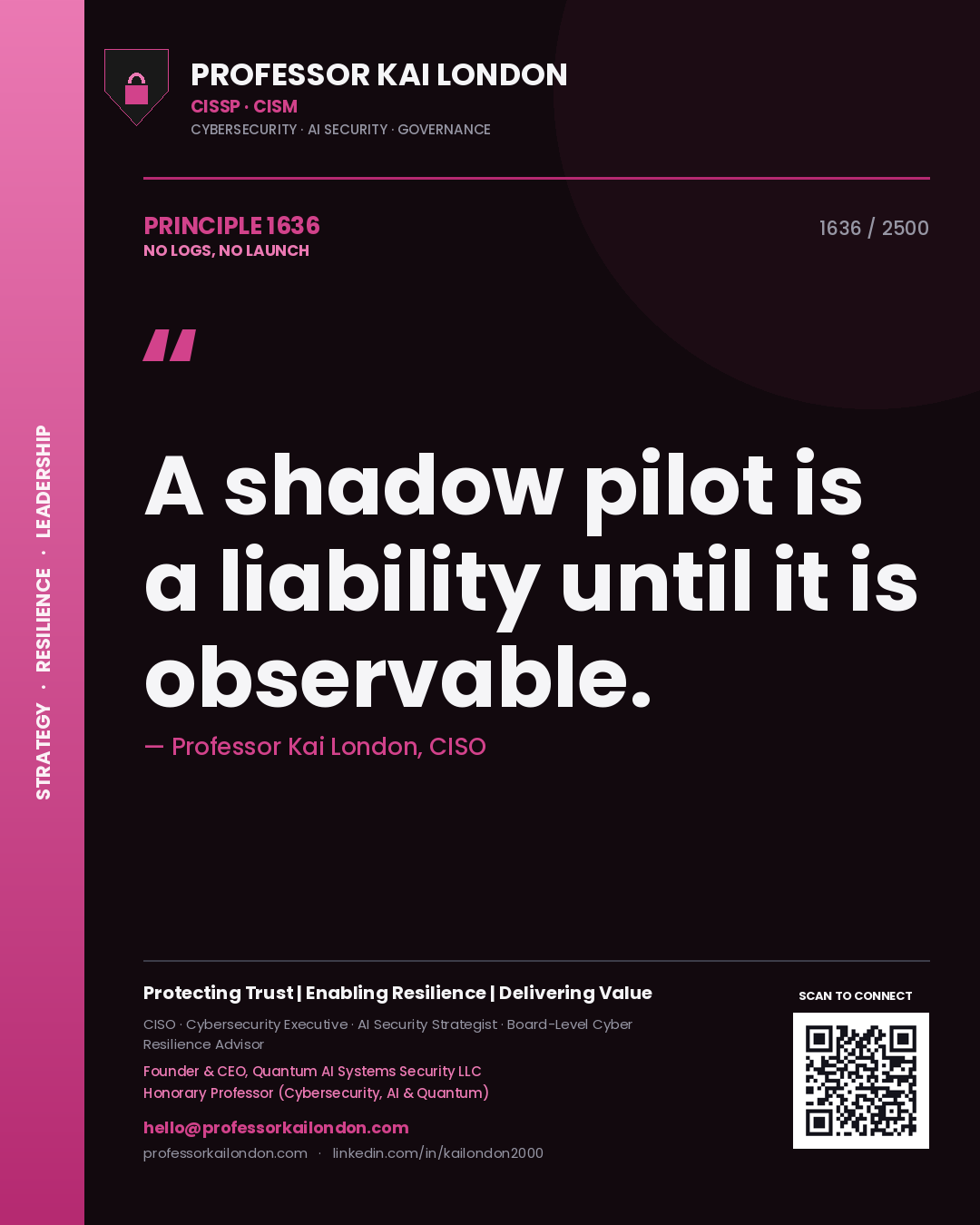 Quote card by Professor Kai London reading 'A shadow pilot is a liability until it is observable.'. From the book No Logs, No Launch.