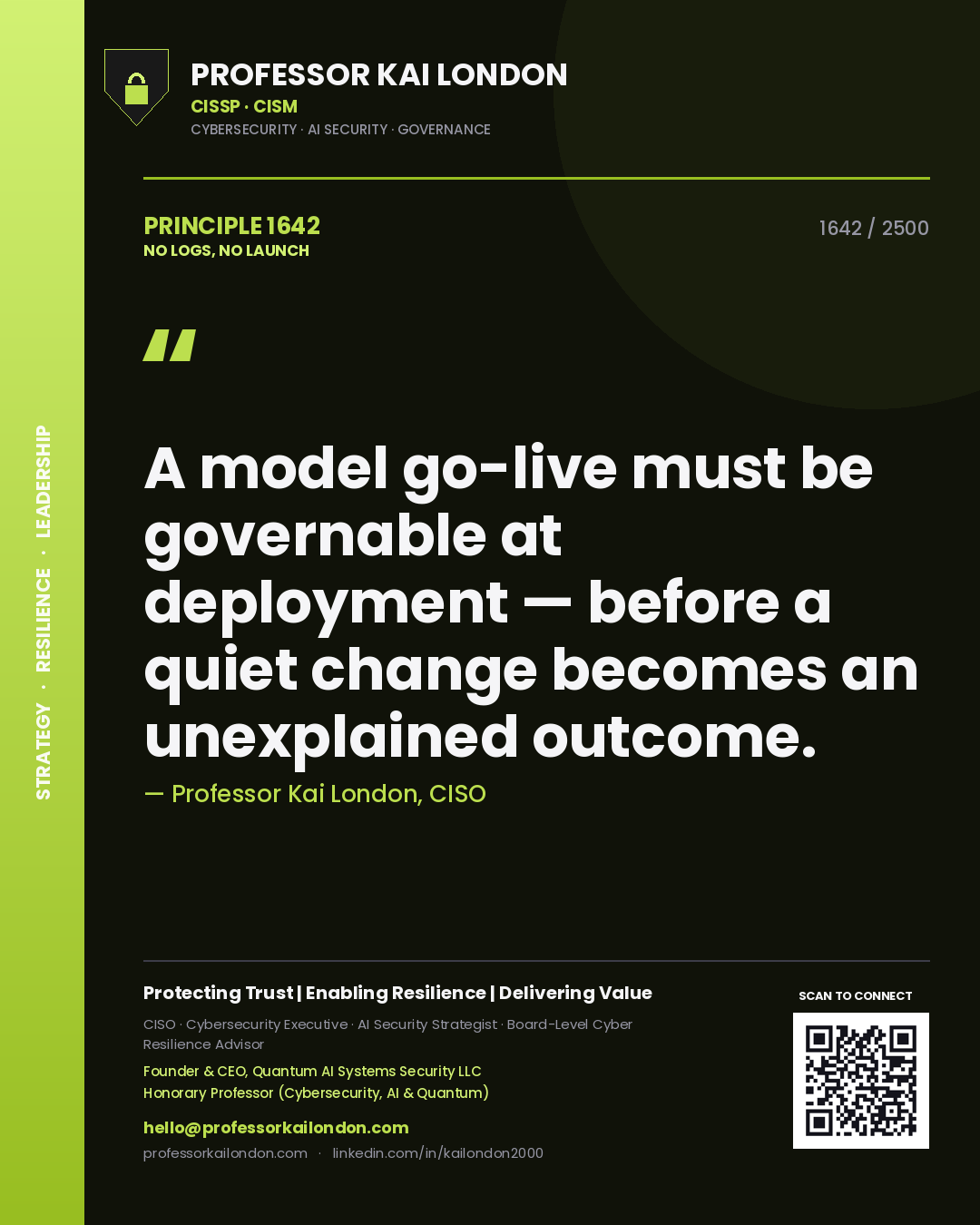 Professor Kai London principle 1642: A model go-live must be governable at deployment — before a quiet change becomes an unexplained outcome.