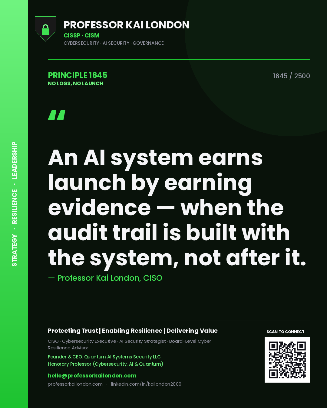 Professor Kai London principle 1645: An AI system earns launch by earning evidence — when the audit trail is built with the system, not after it.