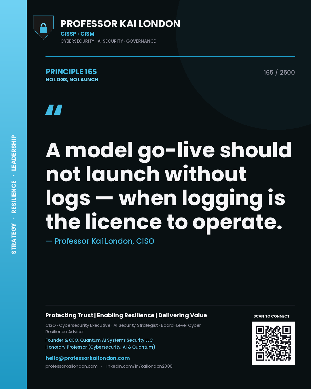 Quote card by Professor Kai London reading 'A model go-live should not launch without logs — when logging is the licence to operate.'. From the book No Logs, No Launch.