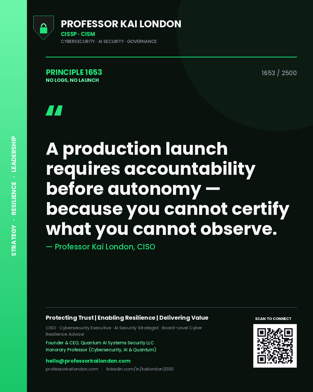 Quote card by Professor Kai London reading 'A production launch requires accountability before autonomy — because you cannot certify what you cannot observe.'. From the book No Logs, No Launch.