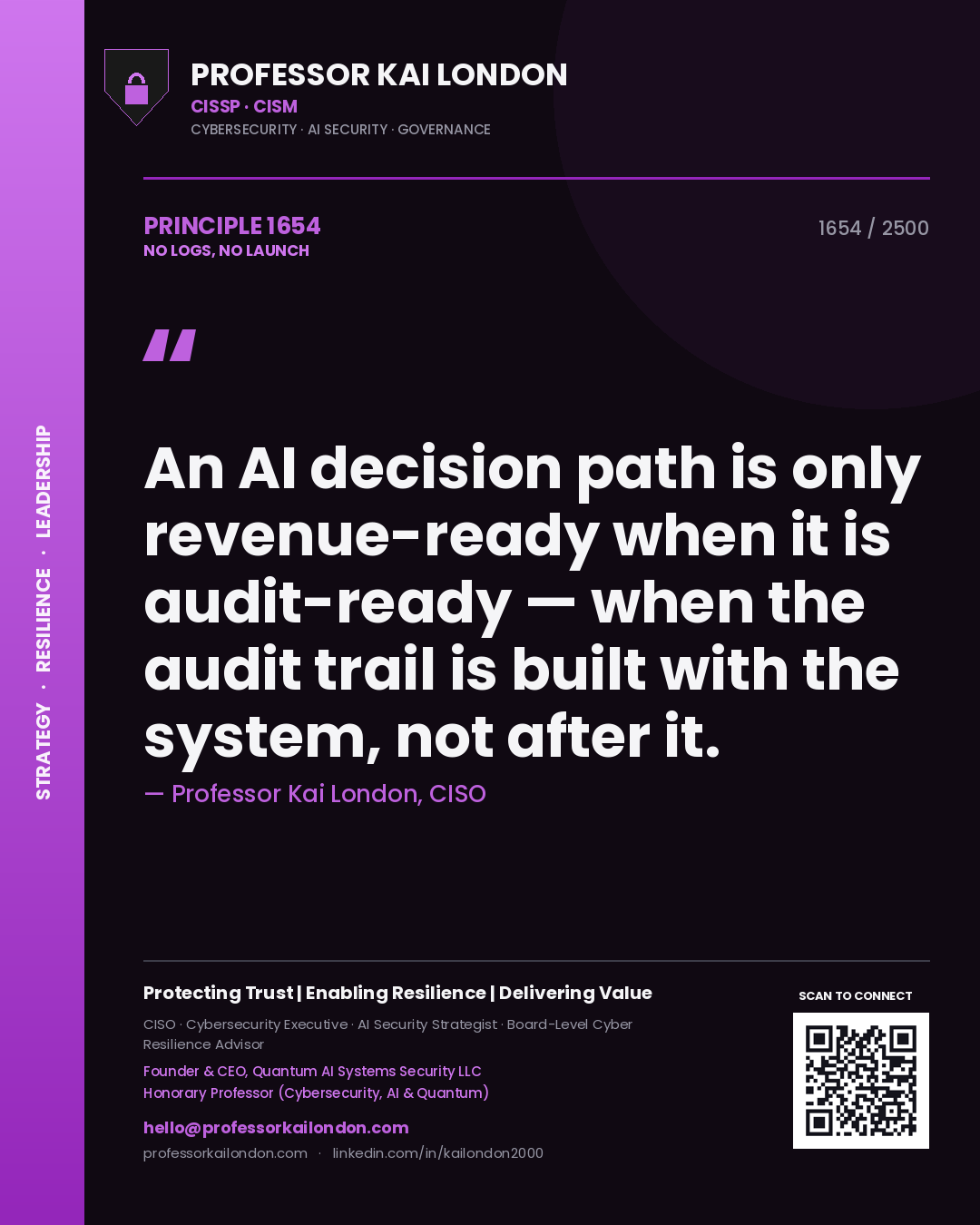 Professor Kai London principle 1654: An AI decision path is only revenue-ready when it is audit-ready — when the audit trail is built with the system, not after it.