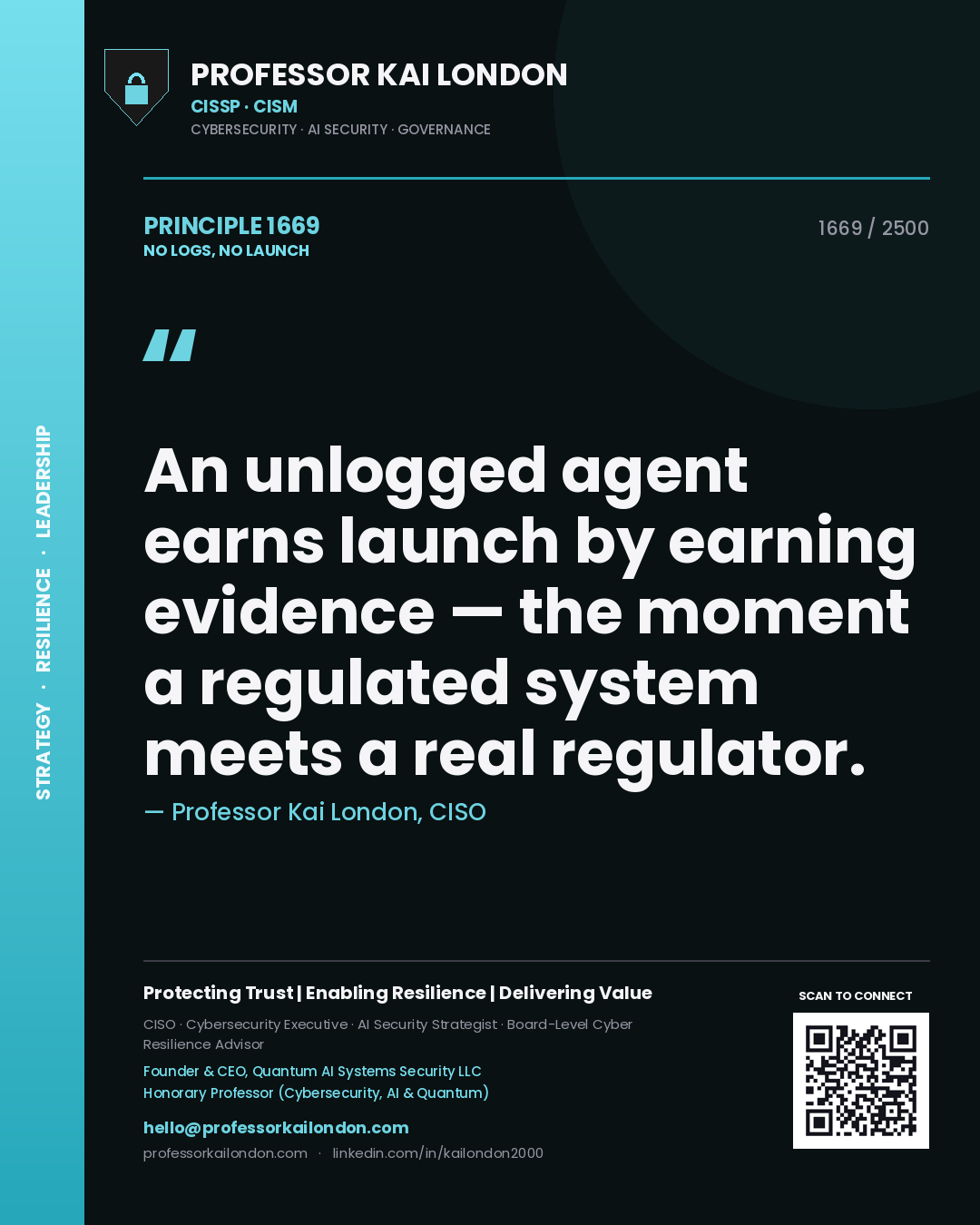 Professor Kai London principle 1669: An unlogged agent earns launch by earning evidence — the moment a regulated system meets a real regulator.