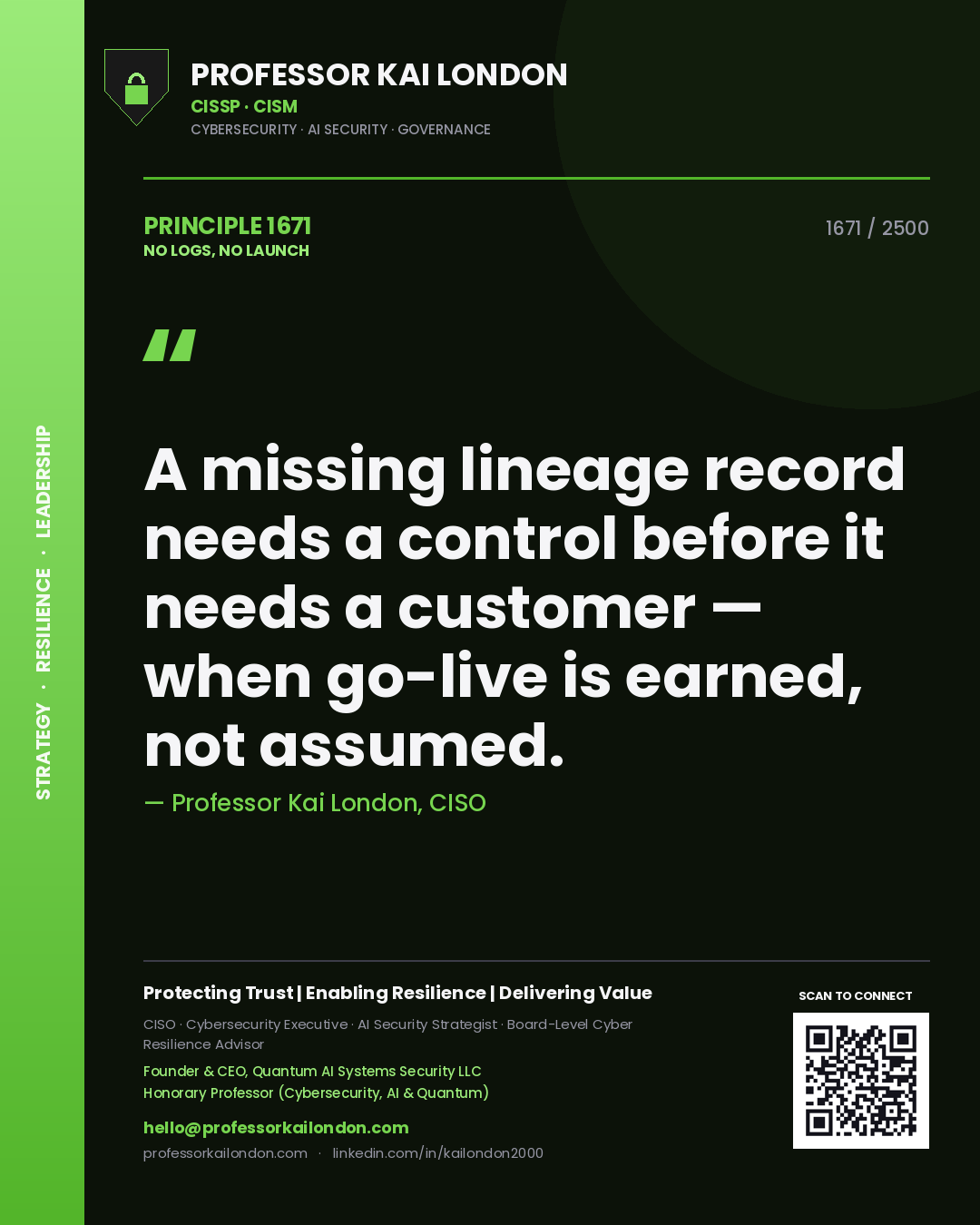 Quote card by Professor Kai London reading 'A missing lineage record needs a control before it needs a customer — when go-live is earned, not assumed.'. From the book No Logs, No Launch.