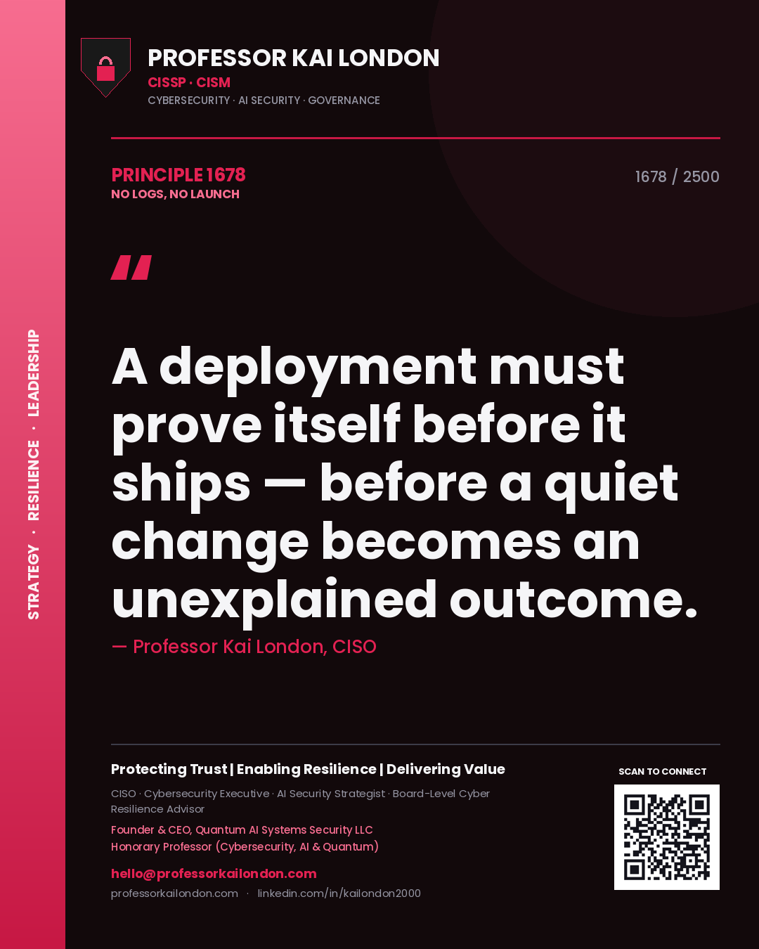 Professor Kai London principle 1678: A deployment must prove itself before it ships — before a quiet change becomes an unexplained outcome.