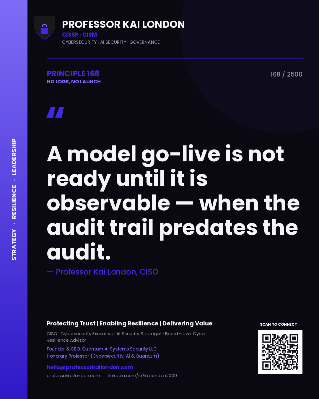 Quote card by Professor Kai London reading 'A model go-live is not ready until it is observable — when the audit trail predates the audit.'. From the book No Logs, No Launch.