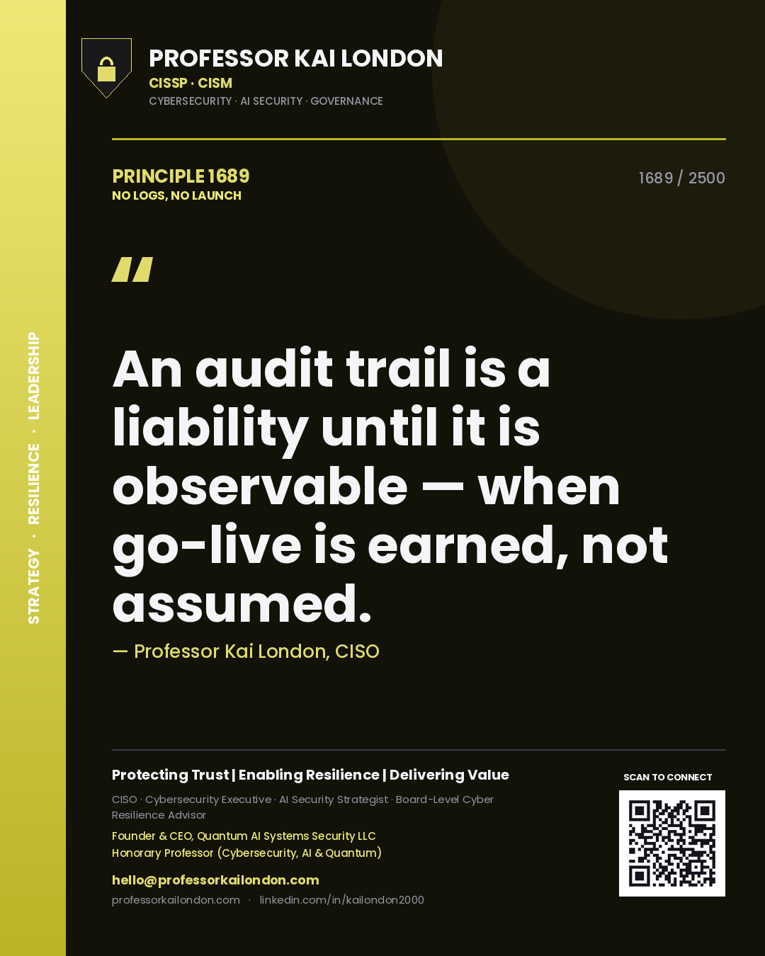 Professor Kai London principle 1689: An audit trail is a liability until it is observable — when go-live is earned, not assumed.