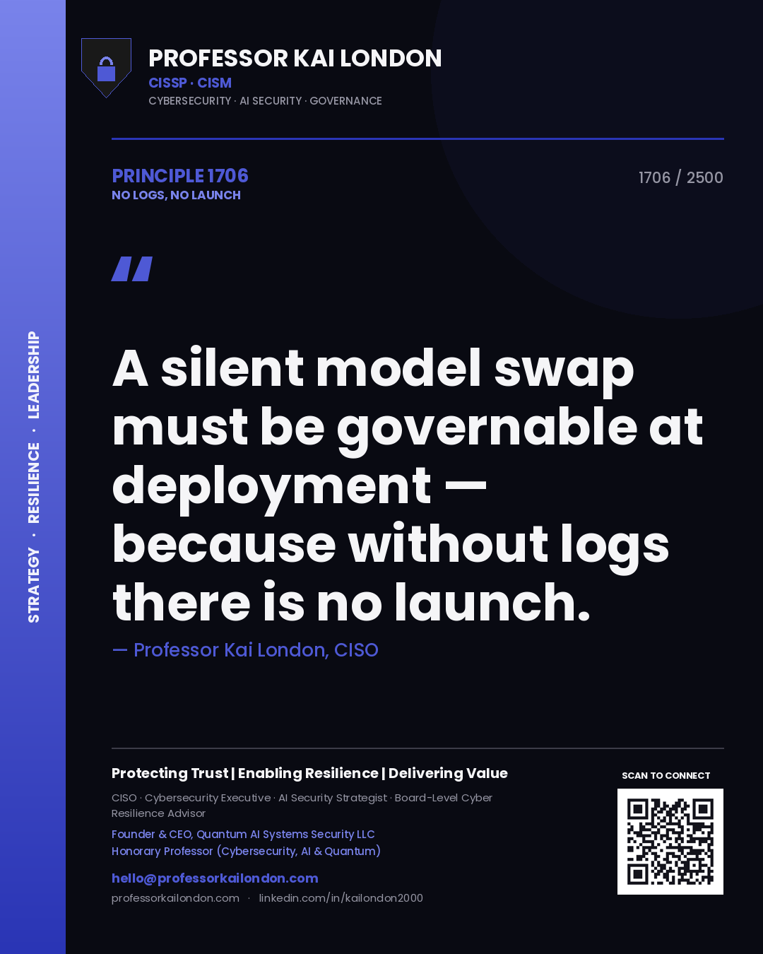 Quote card by Professor Kai London reading 'A silent model swap must be governable at deployment — because without logs there is no launch.'. From the book No Logs, No Launch.