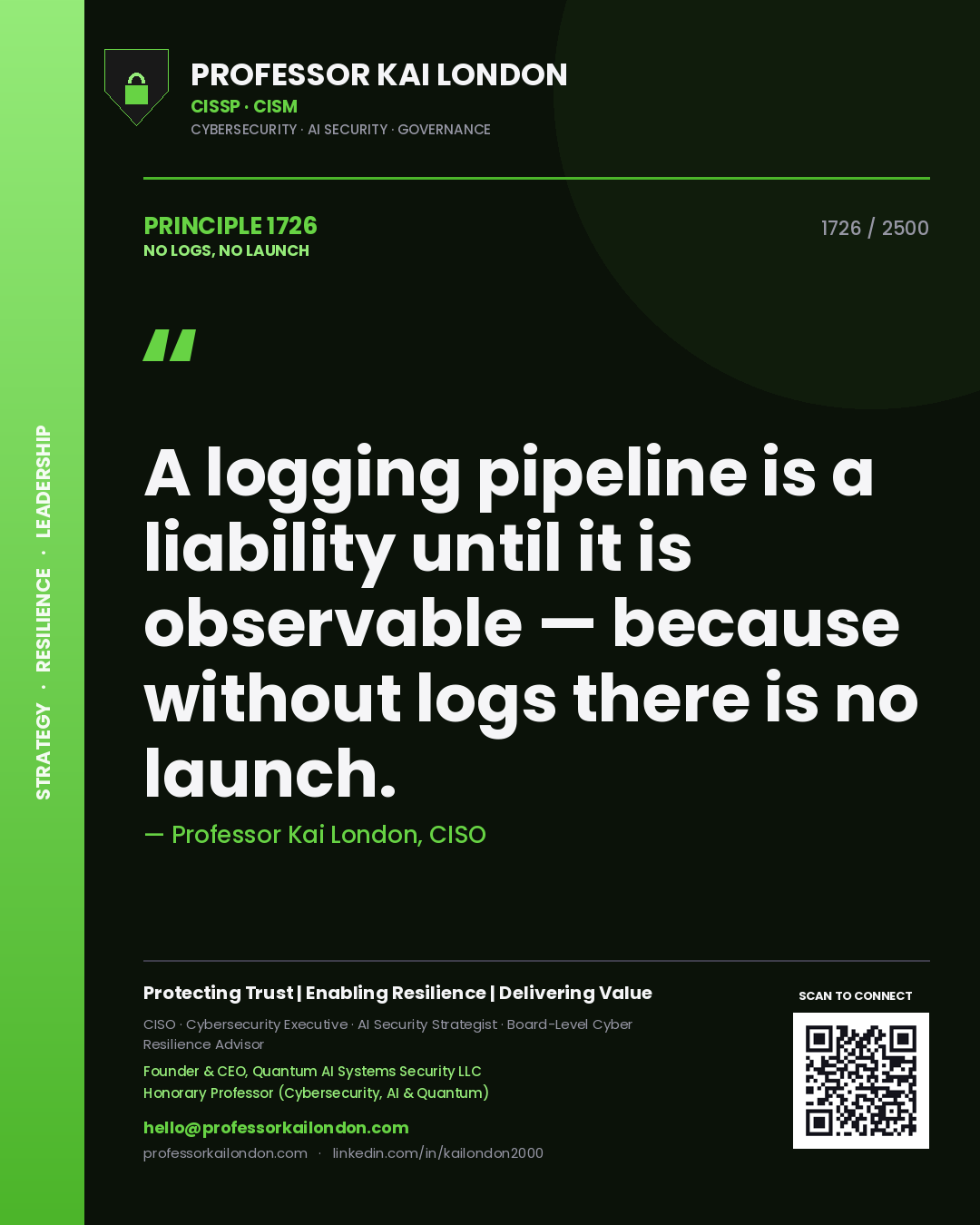 Professor Kai London principle 1726: A logging pipeline is a liability until it is observable — because without logs there is no launch.