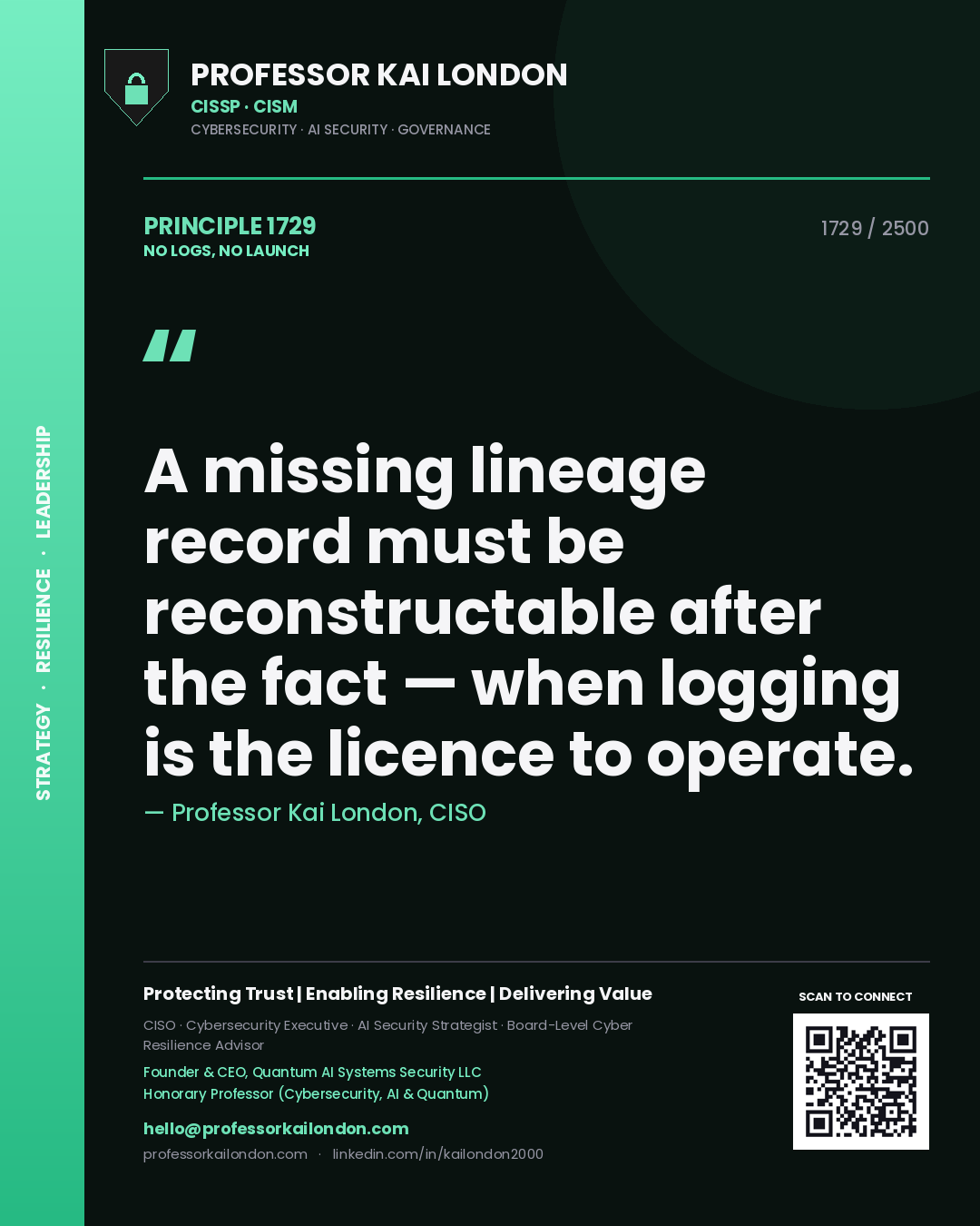 Quote card by Professor Kai London reading 'A missing lineage record must be reconstructable after the fact — when logging is the licence to operate.'. From the book No Logs, No Launch.