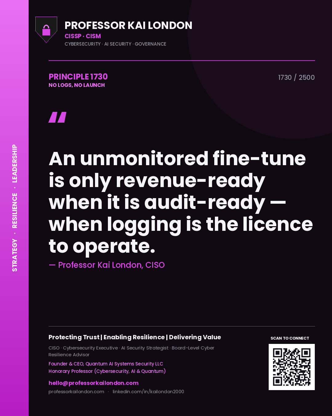 Professor Kai London principle 1730: An unmonitored fine-tune is only revenue-ready when it is audit-ready — when logging is the licence to operate.