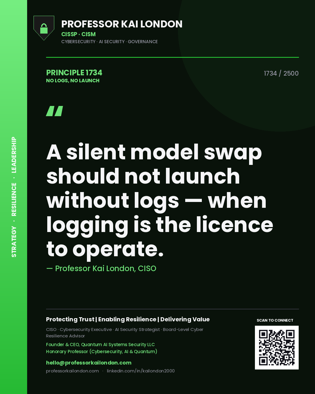 Quote card by Professor Kai London reading 'A silent model swap should not launch without logs — when logging is the licence to operate.'. From the book No Logs, No Launch.