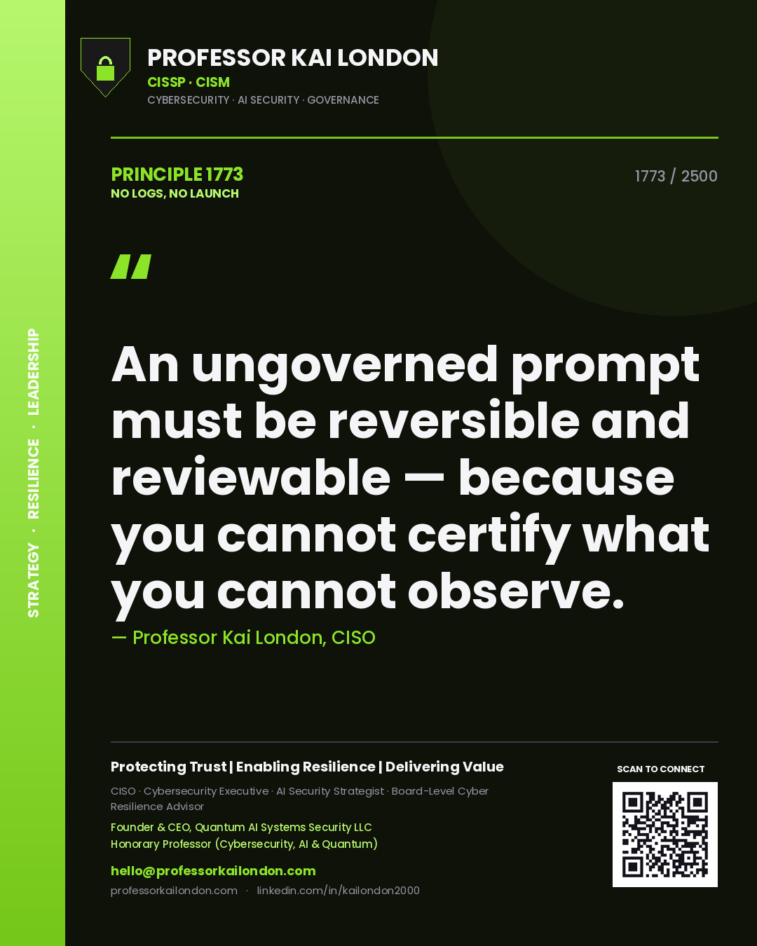 Quote card by Professor Kai London reading 'An ungoverned prompt must be reversible and reviewable — because you cannot certify what you cannot observe.'. From the book No Logs, No Launch.