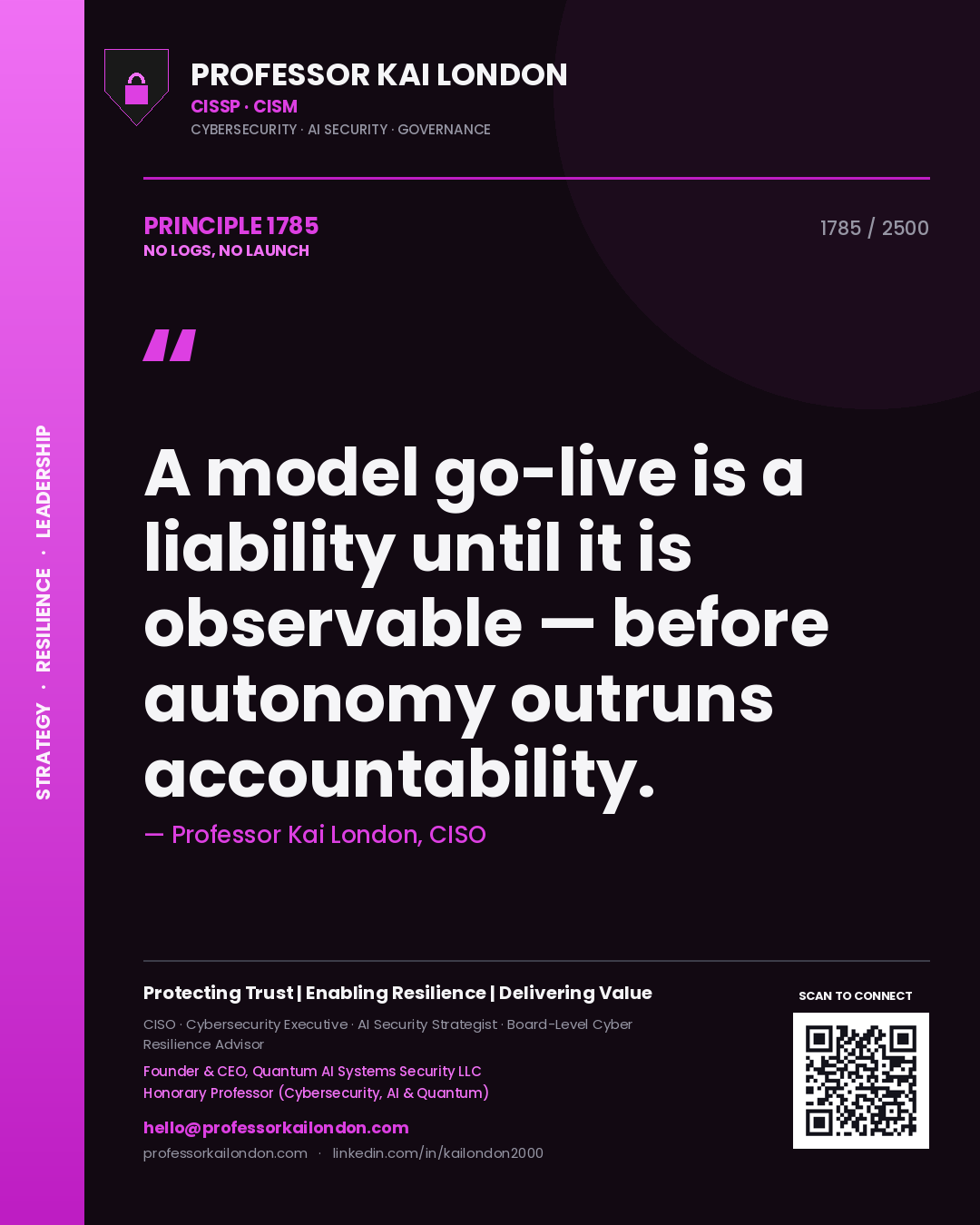 Professor Kai London principle 1785: A model go-live is a liability until it is observable — before autonomy outruns accountability.