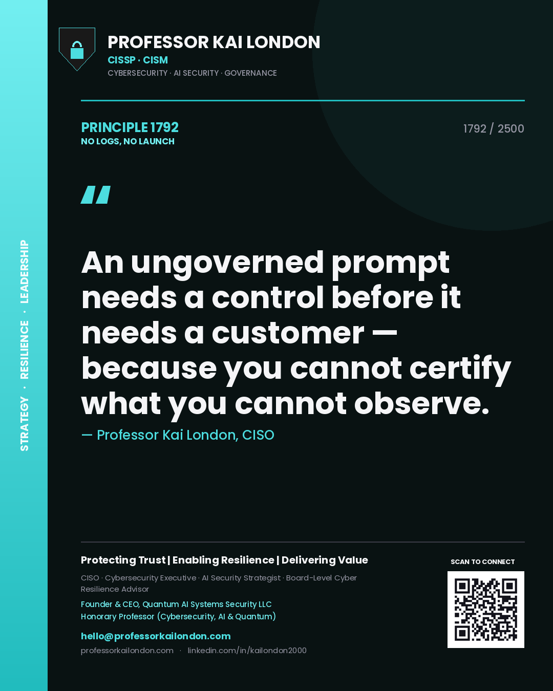Quote card by Professor Kai London reading 'An ungoverned prompt needs a control before it needs a customer — because you cannot certify what you cannot observe.'. From the book No Logs, No Launch.