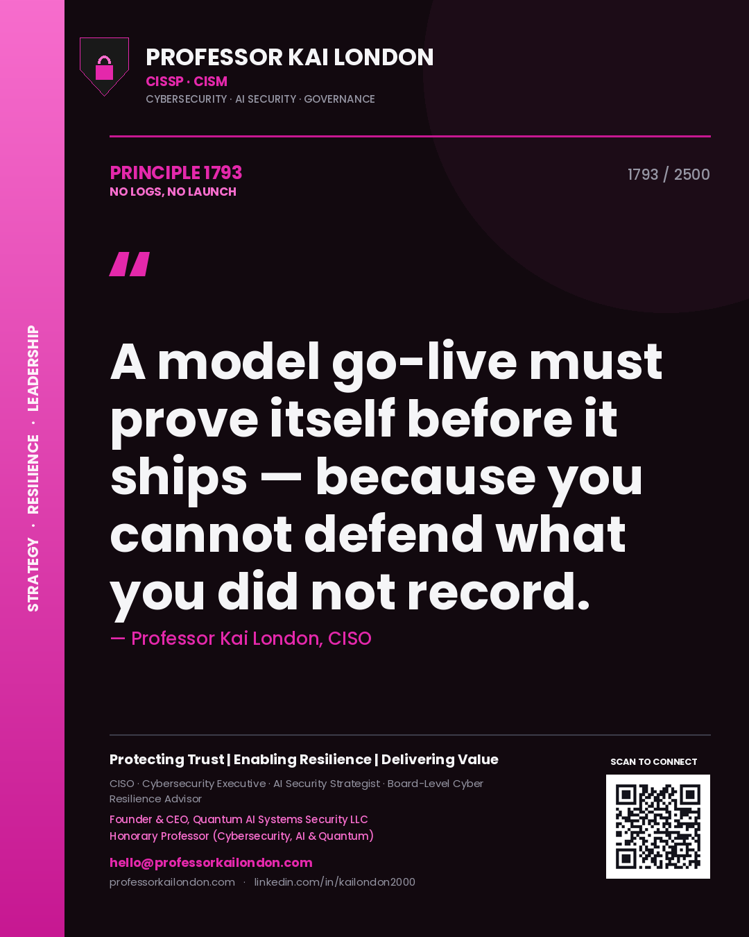 Professor Kai London principle 1793: A model go-live must prove itself before it ships — because you cannot defend what you did not record.