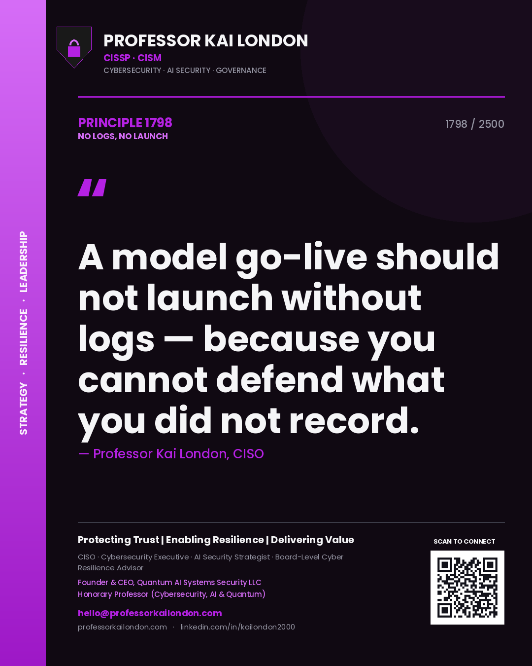 Quote card by Professor Kai London reading 'A model go-live should not launch without logs — because you cannot defend what you did not record.'. From the book No Logs, No Launch.