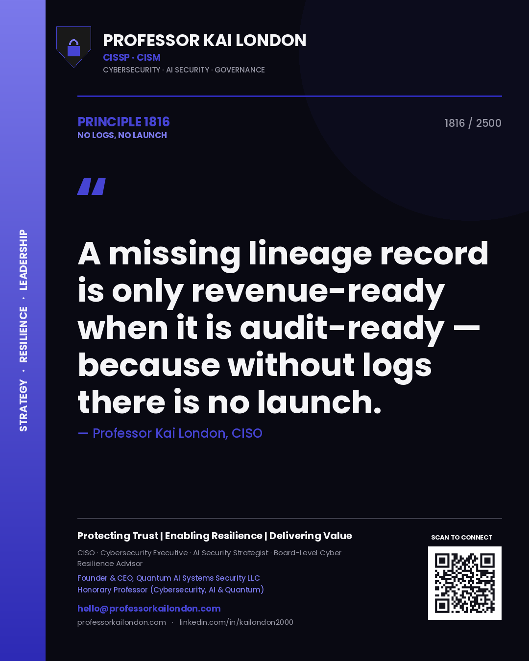 Professor Kai London principle 1816: A missing lineage record is only revenue-ready when it is audit-ready — because without logs there is no launch.