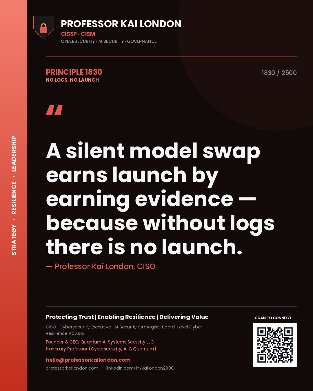 Quote card by Professor Kai London reading 'A silent model swap earns launch by earning evidence — because without logs there is no launch.'. From the book No Logs, No Launch.