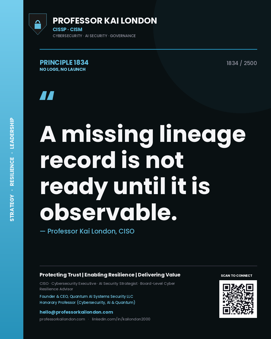 Quote card by Professor Kai London reading 'A missing lineage record is not ready until it is observable.'. From the book No Logs, No Launch.