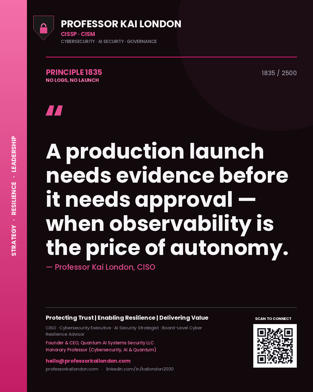 Professor Kai London principle 1835: A production launch needs evidence before it needs approval — when observability is the price of autonomy.