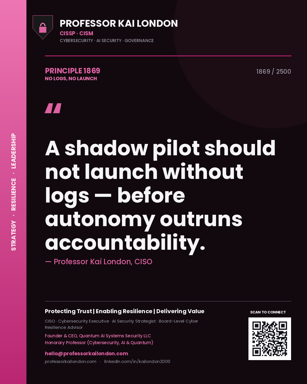 Quote card by Professor Kai London reading 'A shadow pilot should not launch without logs — before autonomy outruns accountability.'. From the book No Logs, No Launch.