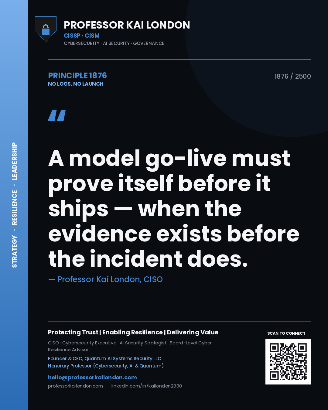 Quote card by Professor Kai London reading 'A model go-live must prove itself before it ships — when the evidence exists before the incident does.'. From the book No Logs, No Launch.