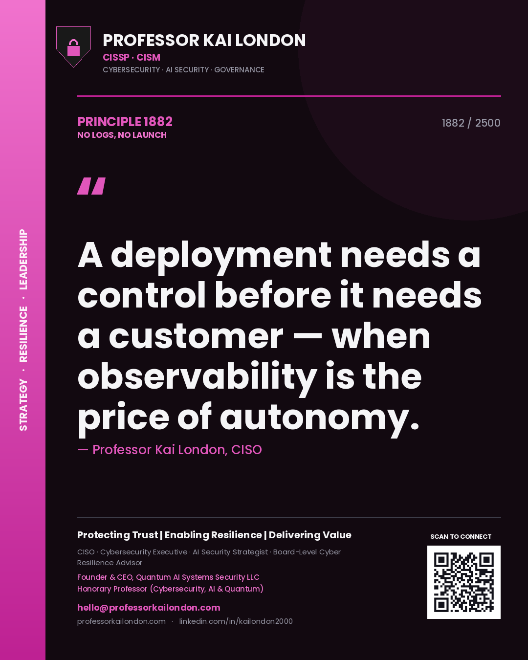Professor Kai London principle 1882: A deployment needs a control before it needs a customer — when observability is the price of autonomy.