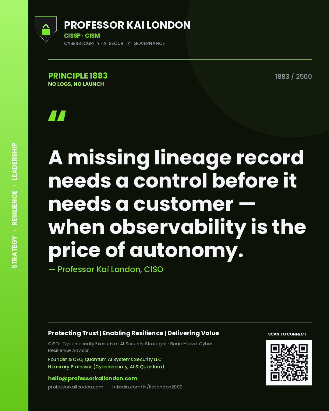 Professor Kai London principle 1883: A missing lineage record needs a control before it needs a customer — when observability is the price of autonomy.