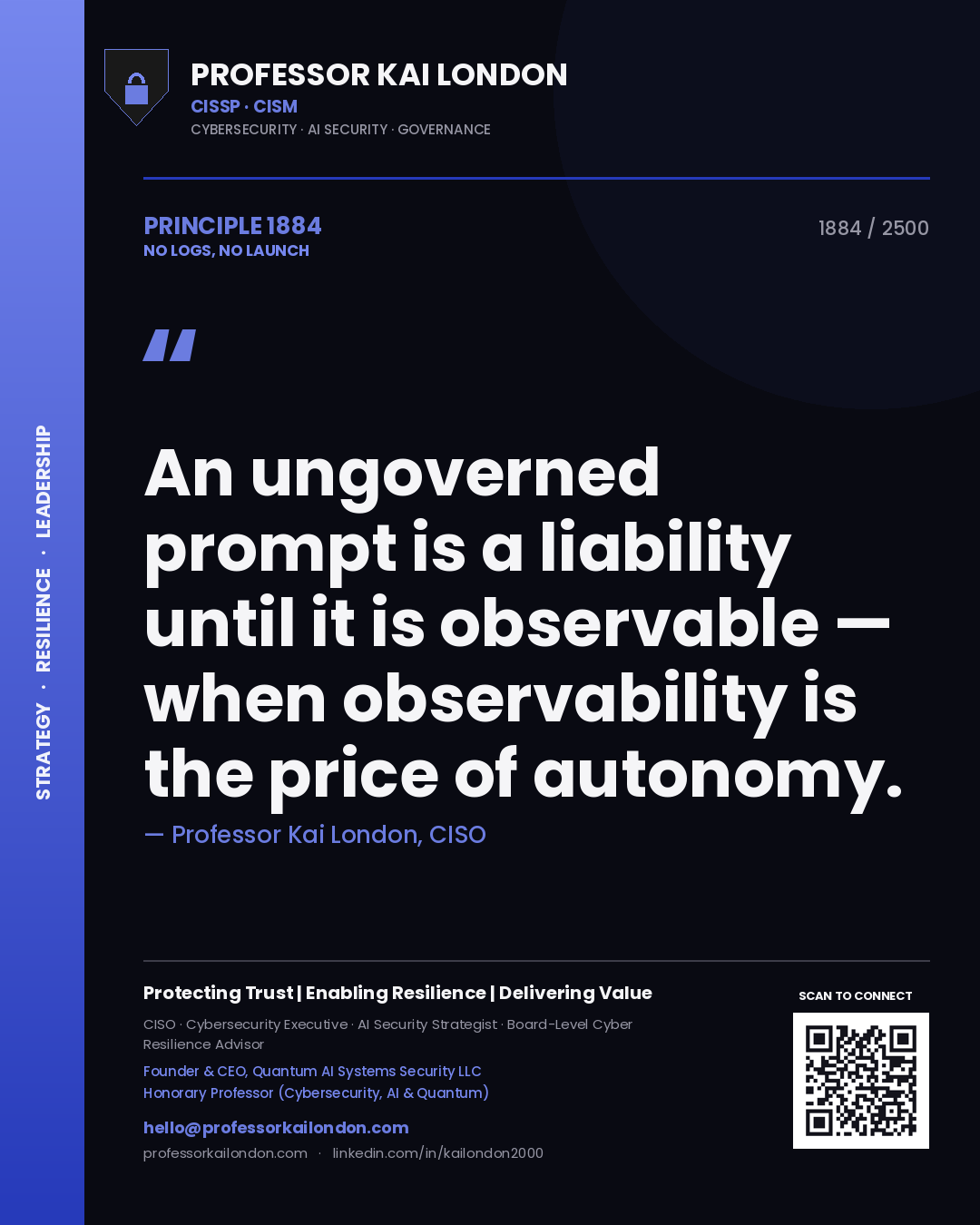 Quote card by Professor Kai London reading 'An ungoverned prompt is a liability until it is observable — when observability is the price of autonomy.'. From the book No Logs, No Launch.