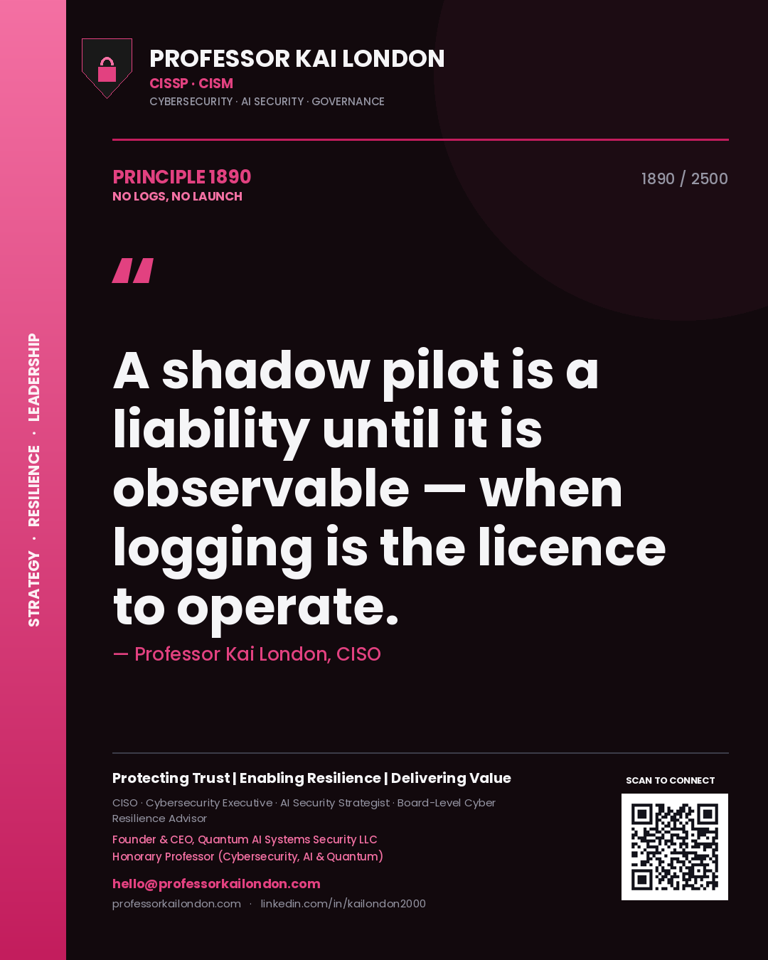 Quote card by Professor Kai London reading 'A shadow pilot is a liability until it is observable — when logging is the licence to operate.'. From the book No Logs, No Launch.