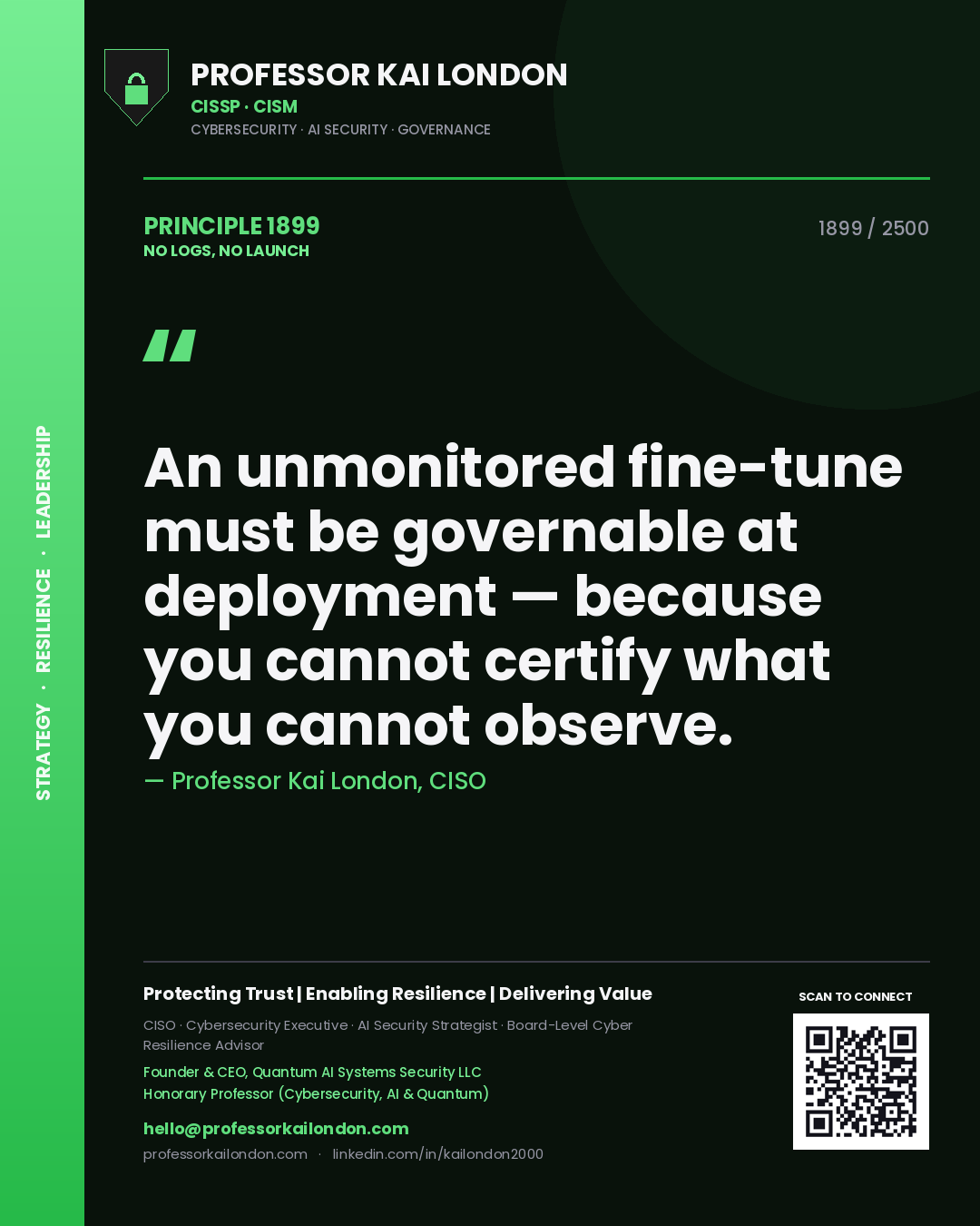 Professor Kai London principle 1899: An unmonitored fine-tune must be governable at deployment — because you cannot certify what you cannot observe.