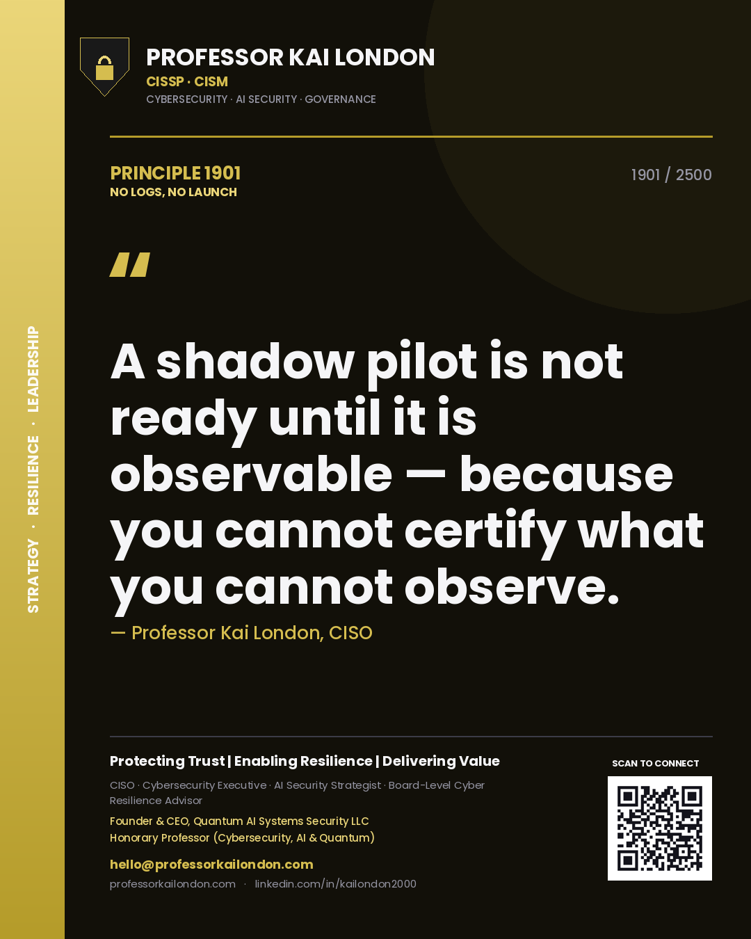 Quote card by Professor Kai London reading 'A shadow pilot is not ready until it is observable — because you cannot certify what you cannot observe.'. From the book No Logs, No Launch.