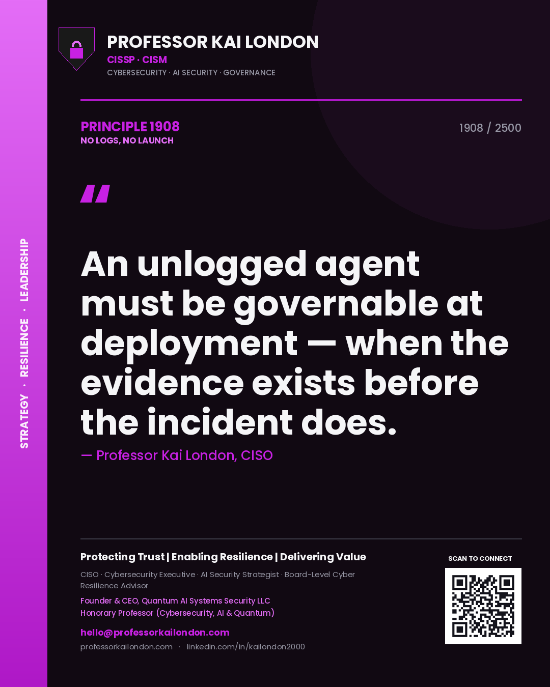 Professor Kai London principle 1908: An unlogged agent must be governable at deployment — when the evidence exists before the incident does.