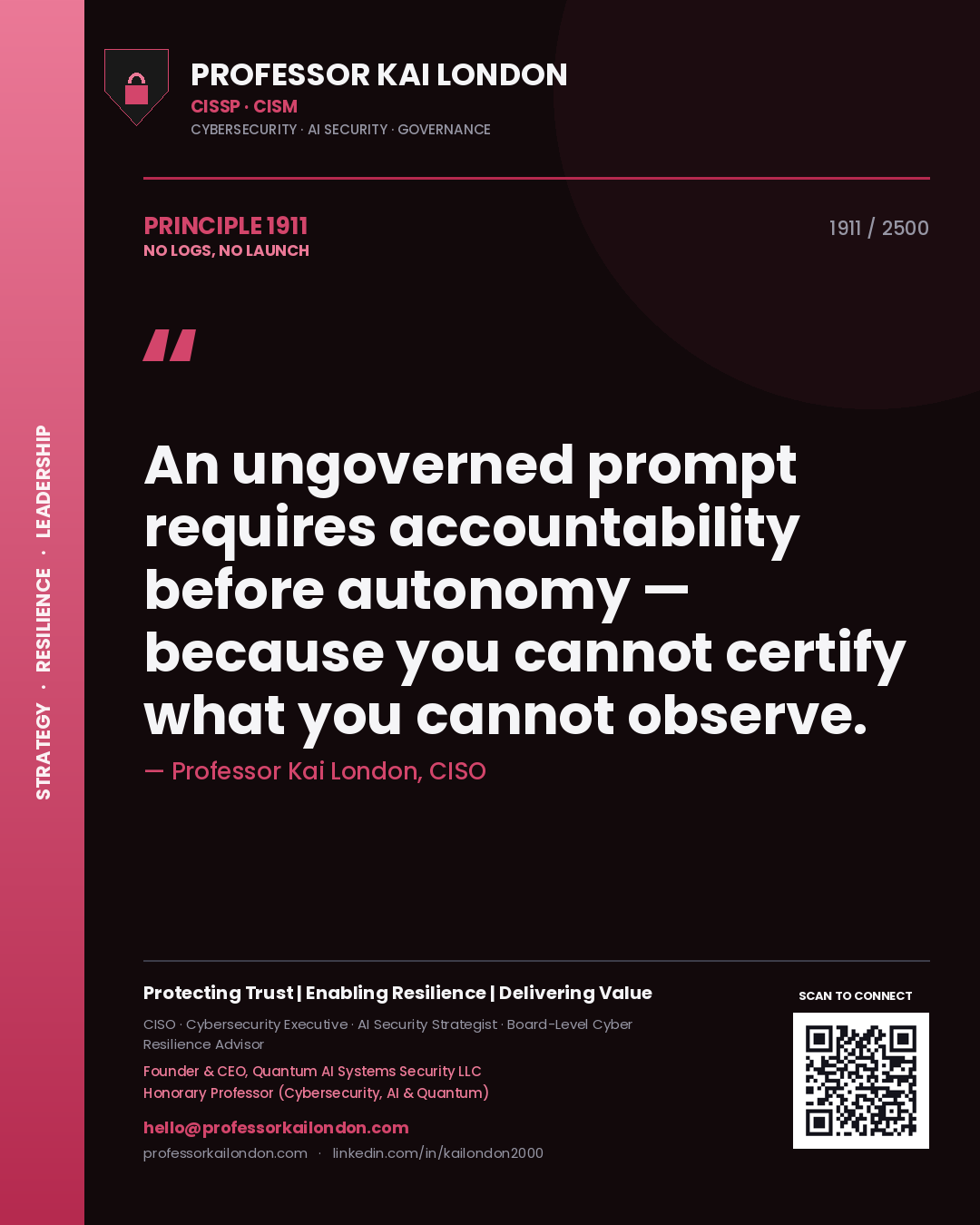 Quote card by Professor Kai London reading 'An ungoverned prompt requires accountability before autonomy — because you cannot certify what you cannot observe.'. From the book No Logs, No Launch.