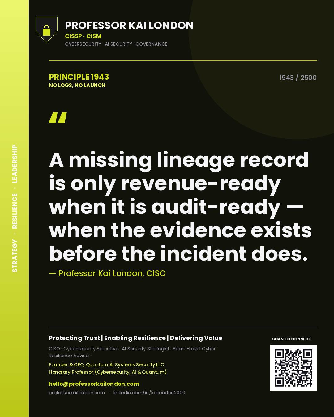 Professor Kai London principle 1943: A missing lineage record is only revenue-ready when it is audit-ready — when the evidence exists before the incident does.