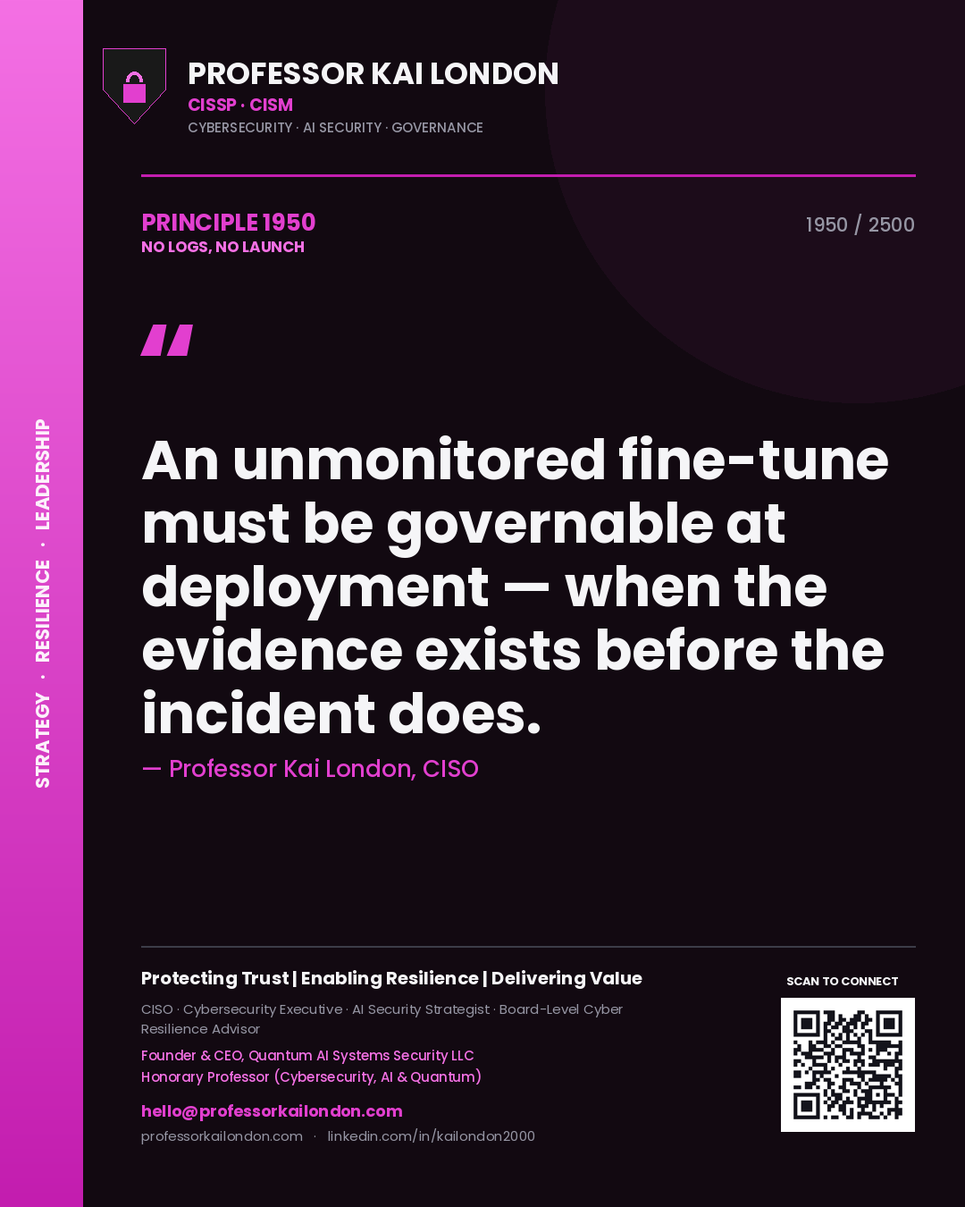 Quote card by Professor Kai London reading 'An unmonitored fine-tune must be governable at deployment — when the evidence exists before the incident does.'. From the book No Logs, No Launch.