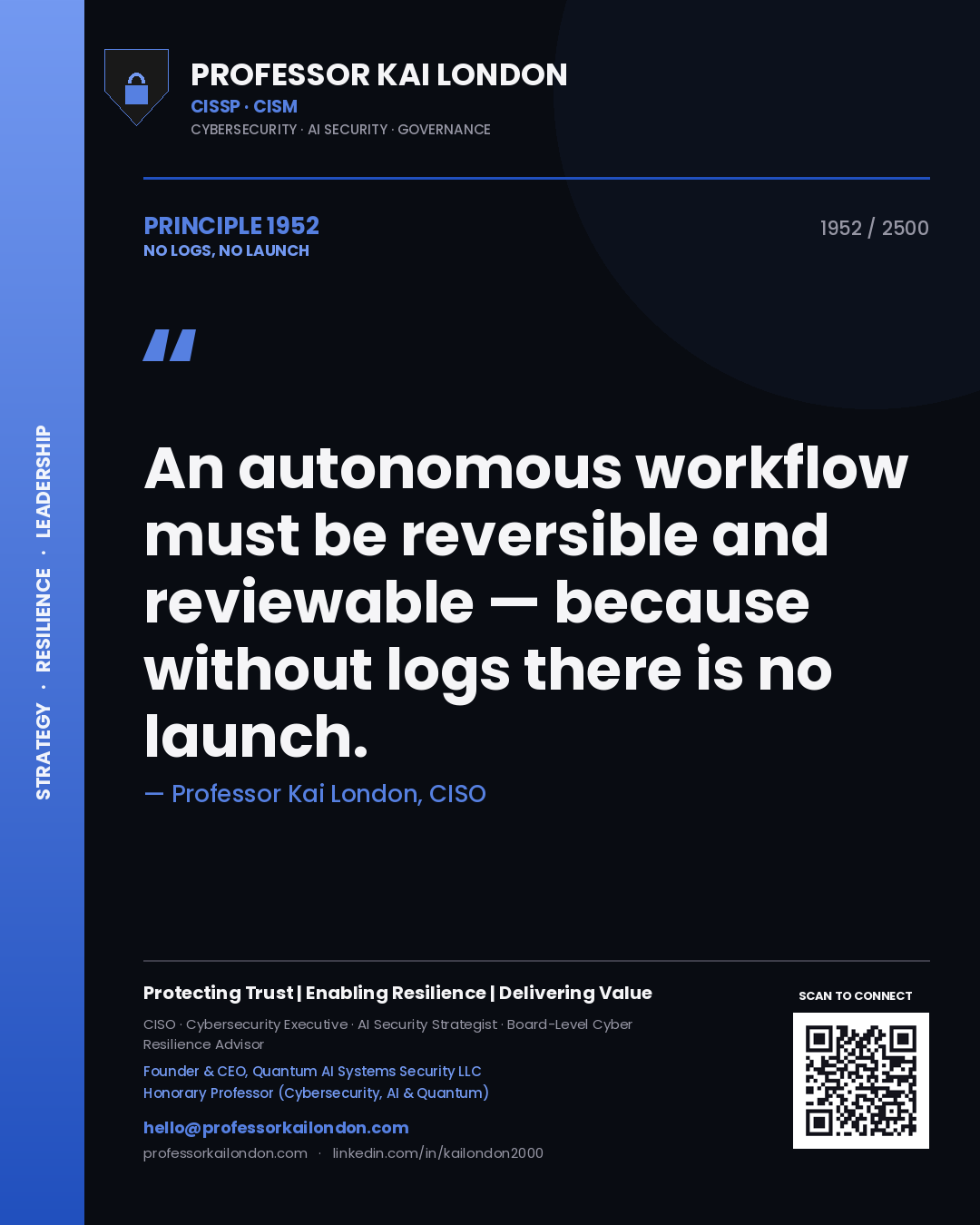 Quote card by Professor Kai London reading 'An autonomous workflow must be reversible and reviewable — because without logs there is no launch.'. From the book No Logs, No Launch.